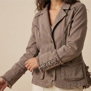 VENUS Medium Brown Utility Cargo Jacket Military Fringe Boho Streetwear Western